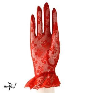 Red Lace Gloves Wrist Length w Ruffle Dressy Weddings Party Bridal Prom